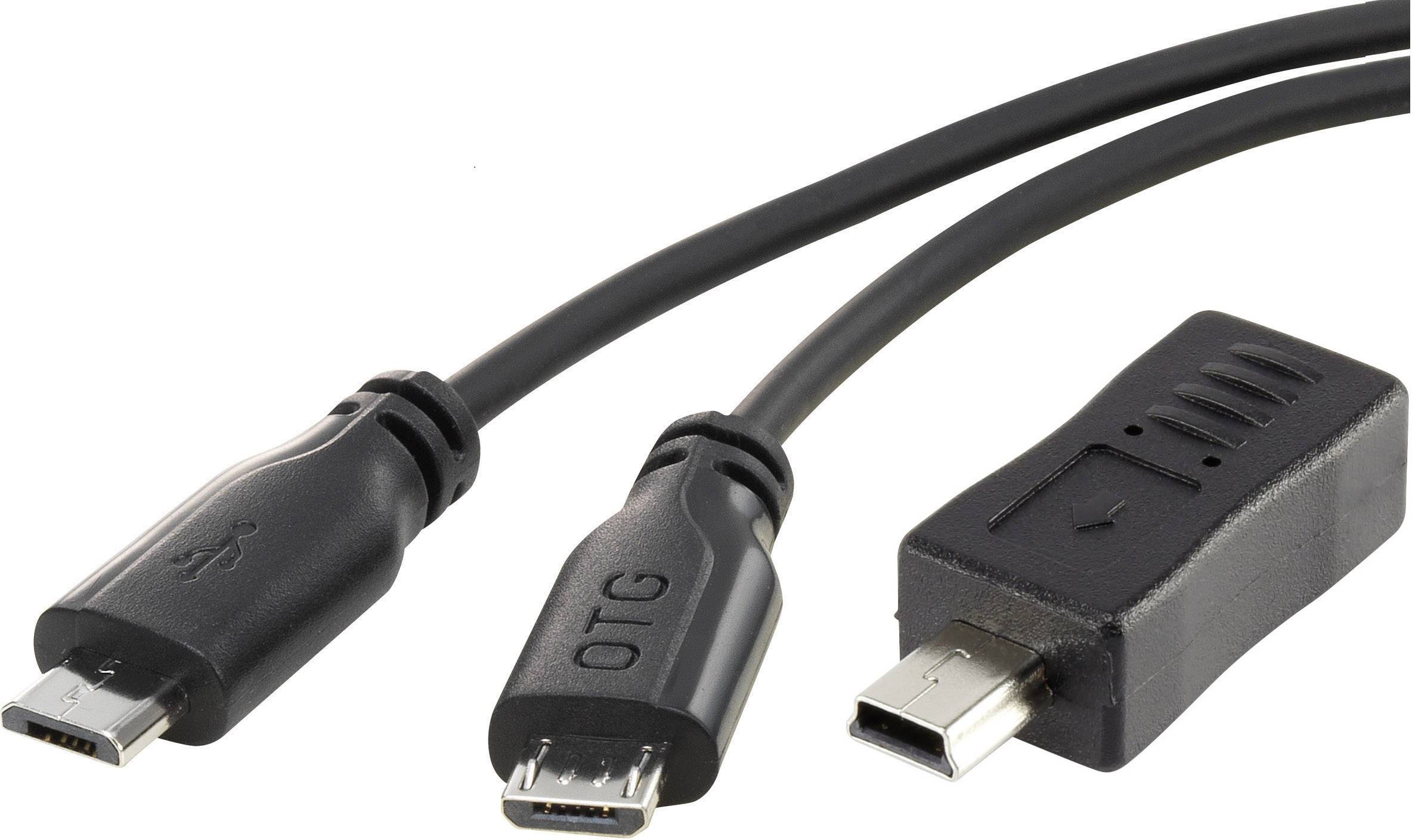 Renkforce USB cable USB USB Micro-B plug, USB-Mini-B plug m Black incl. OTG function, SuperSoft sheath RF-35858 | Conrad.com
