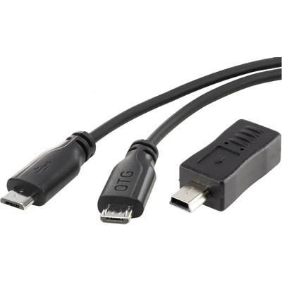 Renkforce USB cable USB 2.0 USB Micro-B plug, USB-Mini-B plug 0.15 m Black incl. OTG function, SuperSoft sheath RF-35858