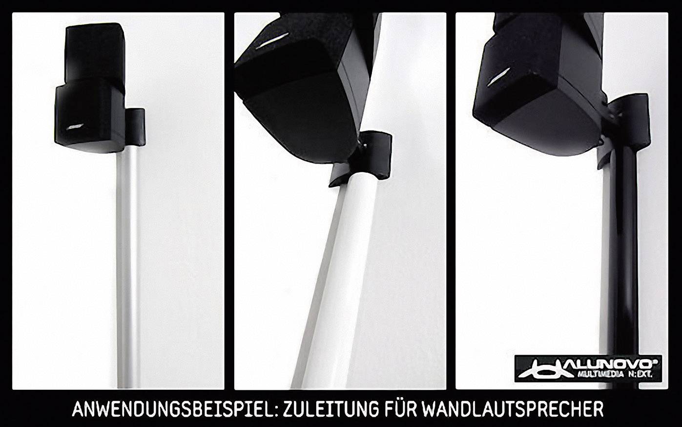 'Three pictures show a pipe for wall speakers at various angles. Below it reads: Application example: Supply line for wall speakers.'