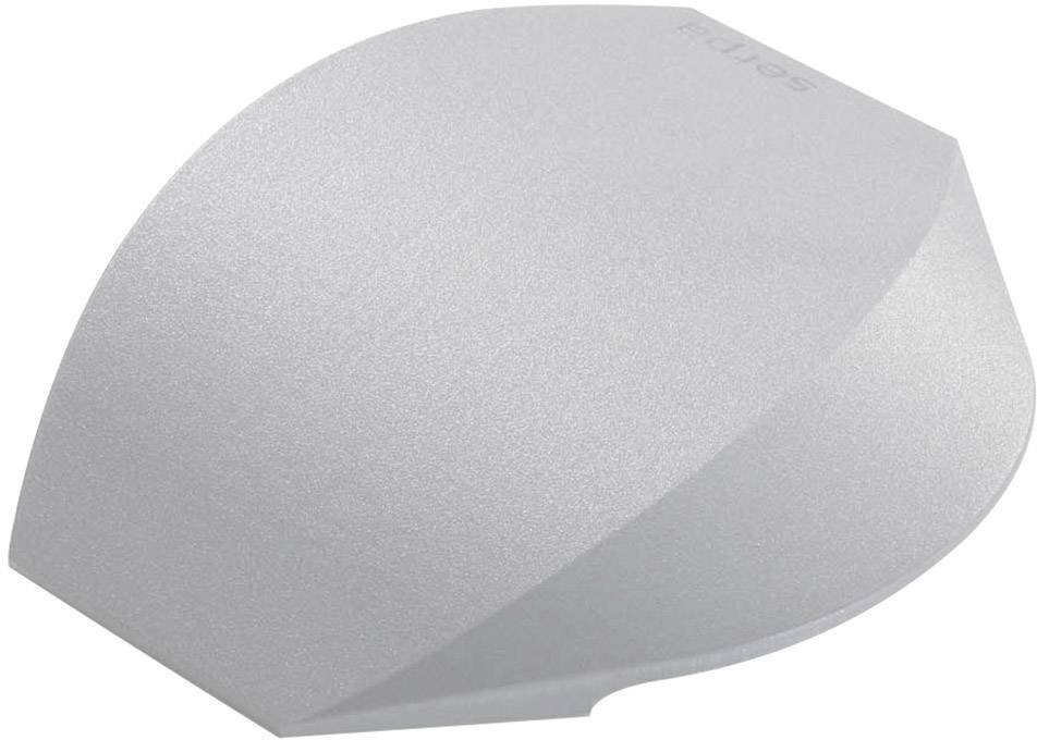 A silver computer mouse with a streamlined, minimalist design viewed from the side.