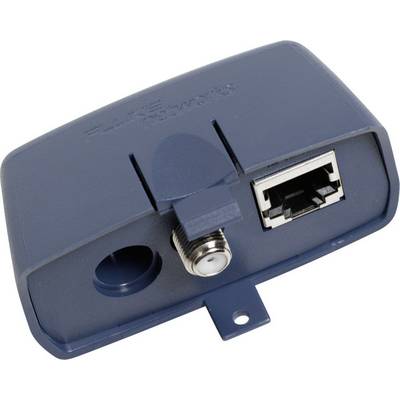 A blue network device with Ethernet and coaxial ports. 'FLUKE NETWORKS' written on the top left. Suitable for connections.