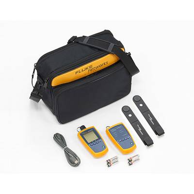 Black bag with a yellow handle, labelled 'Fluke Networks', surrounded by a cable, two digital measuring devices and batteries.