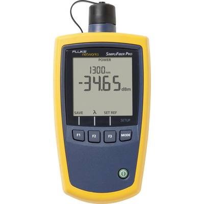 A fibre optic power metre shows a reading of -34.65 dBm at 1300 nm. The device has buttons for F1, F2, F3 and Mode.