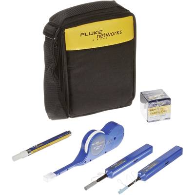 Fluke Networks fibre cleaning kit with pouch, cleaning swabs and accessories on white background. Ideal for cleaning fibre optic connections.