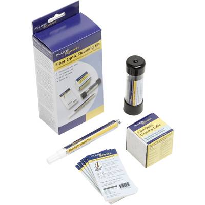 A fibre optic cleaning kit with cleaning swabs, liquid cleaner, and cleaning wipes, presented in packaging.