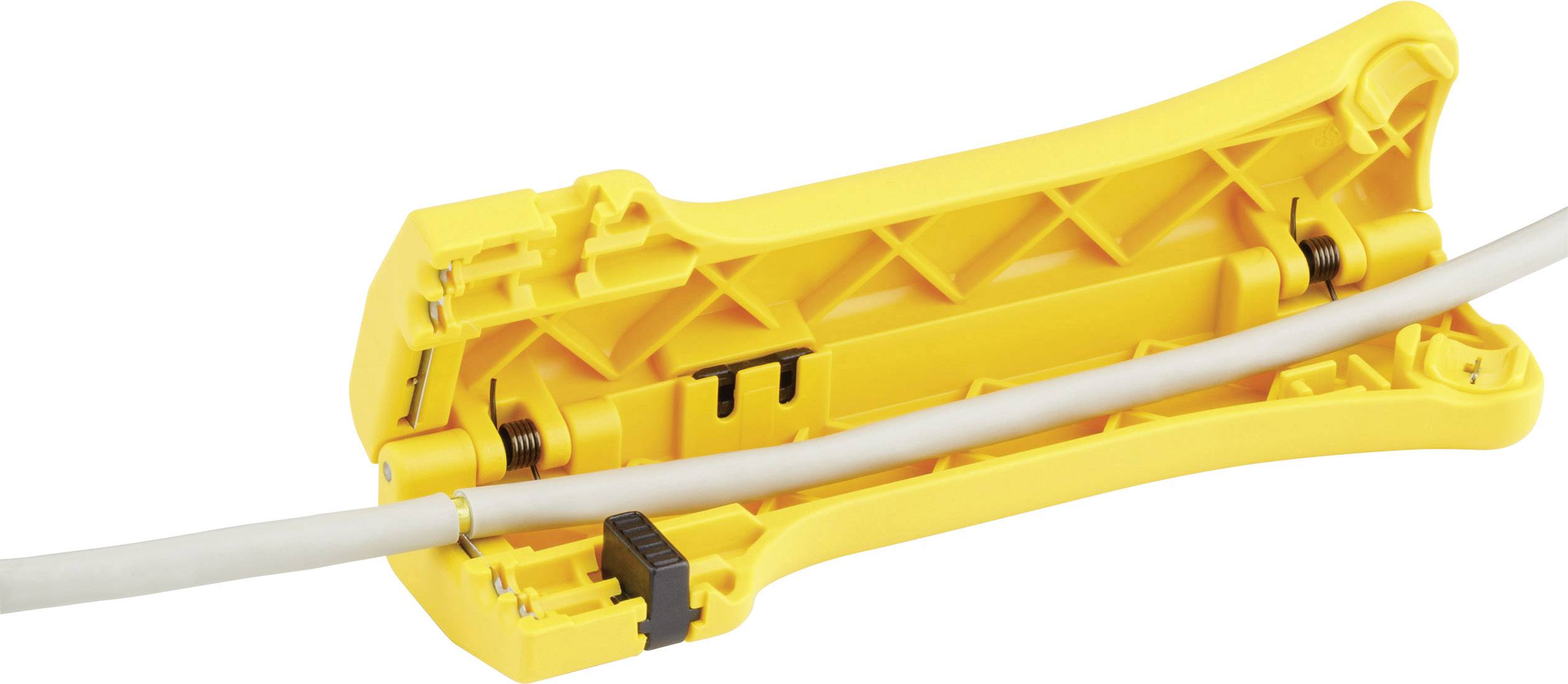 A yellow cable stripping tool is holding a white cable. The tool is open, revealing its internal mechanisms.