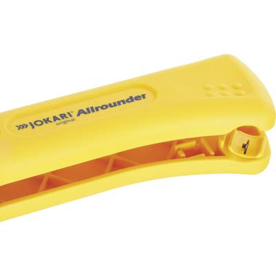 Yellow JOKARI Allrounder Wire Stripper, ergonomic design, for stripping electrical cables.