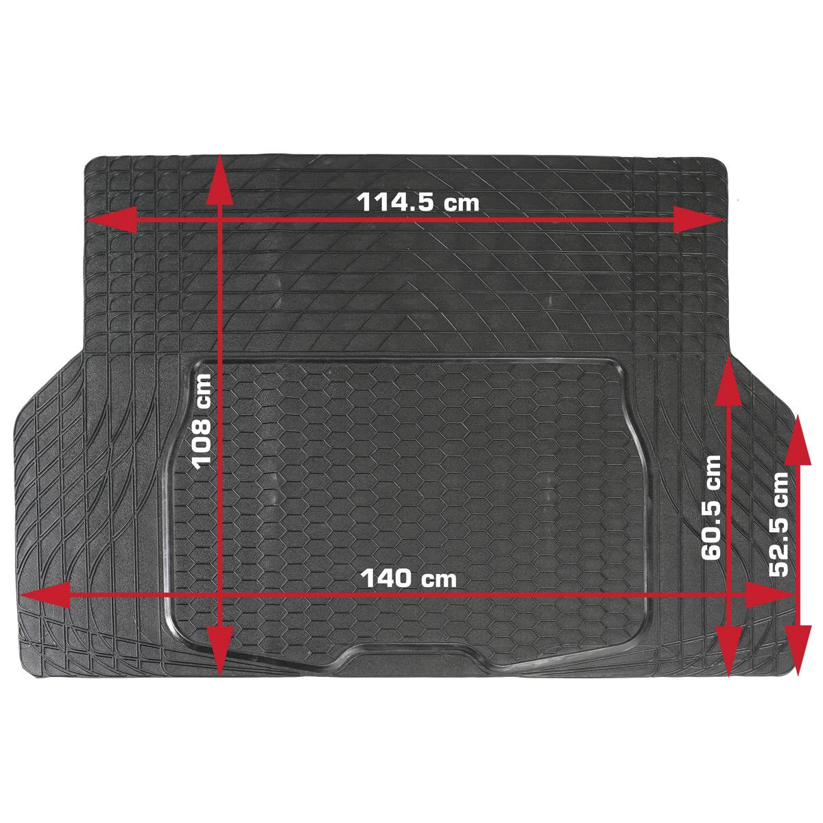 Rubber mat with dimensions: Width at top 114.5 cm, width at bottom 140 cm, height on left 108 cm, height on right 52.5 cm and 60.5 cm.