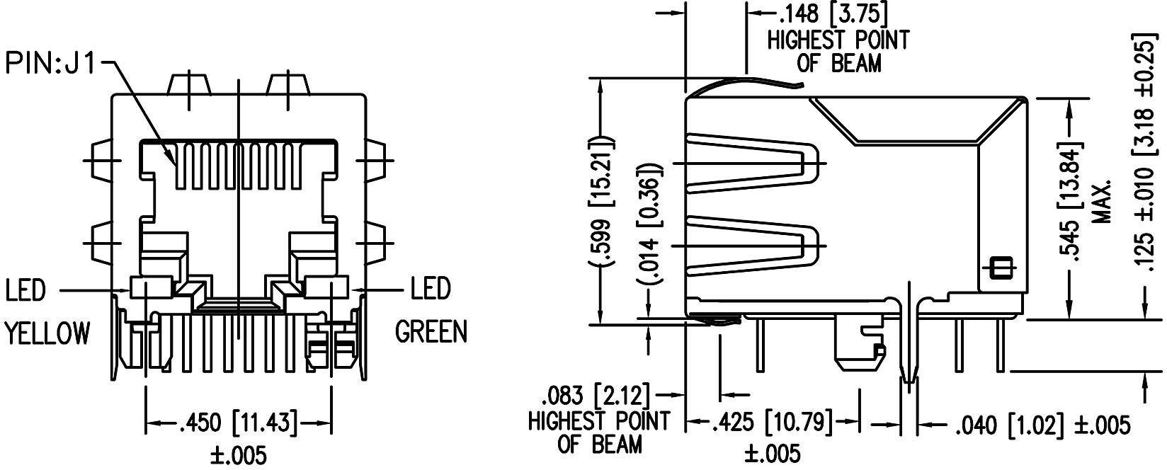 Technical drawing of an electronic connector with yellow and green LED. Dimensions and cross-section views are shown in detail.