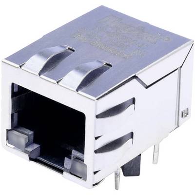 Metallic RJ45 socket connection, rectangular in shape with eight pins, suitable for Ethernet connections.