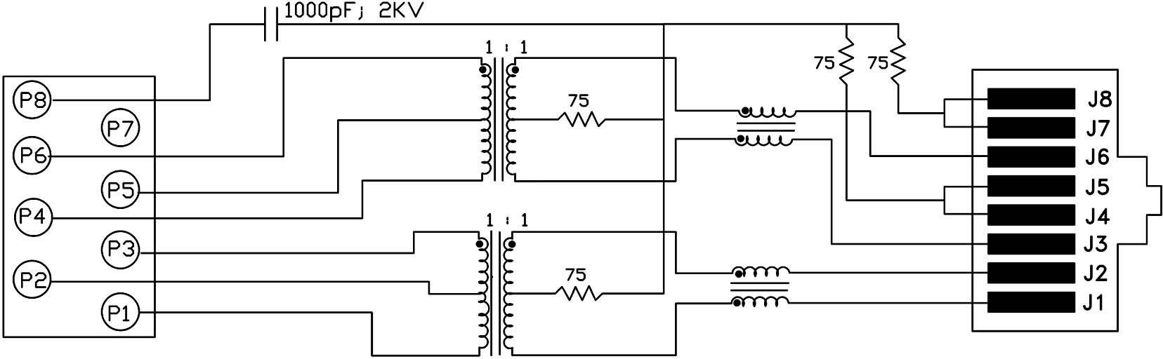 Circuit diagram shows the wiring between two components with resistors and capacitors. Connection terminals J1-J8 and P2-P8 are labelled.