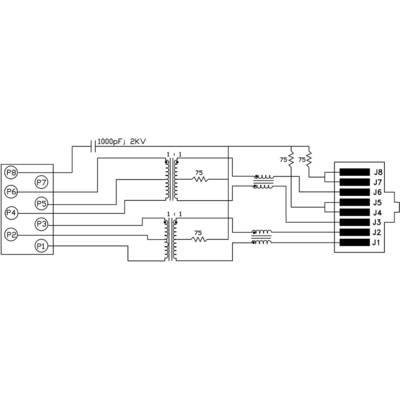 Circuit diagram shows the wiring between two components with resistors and capacitors. Connection terminals J1-J8 and P2-P8 are labelled.