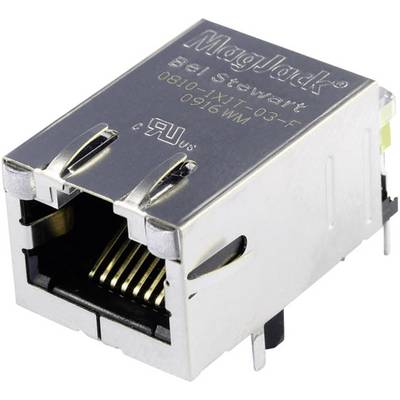 A MagJack Ethernet socket with a metal casing and plug contacts, for use in electronic network devices.
