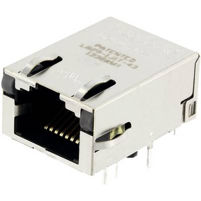 A metal casing of an Ethernet socket with gold-plated contact pins, used for network connections.