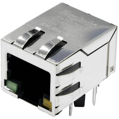 A rectangular RJ-45 Ethernet connector with a metallic housing and LED indicators for network connections.