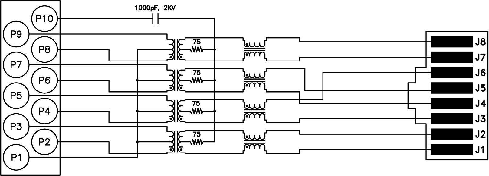 'Circuit diagram shows several connections from P1 to P10, which are connected to J1 through J8 via resistors. Capacitor 1000pF 2kV in the centre.'