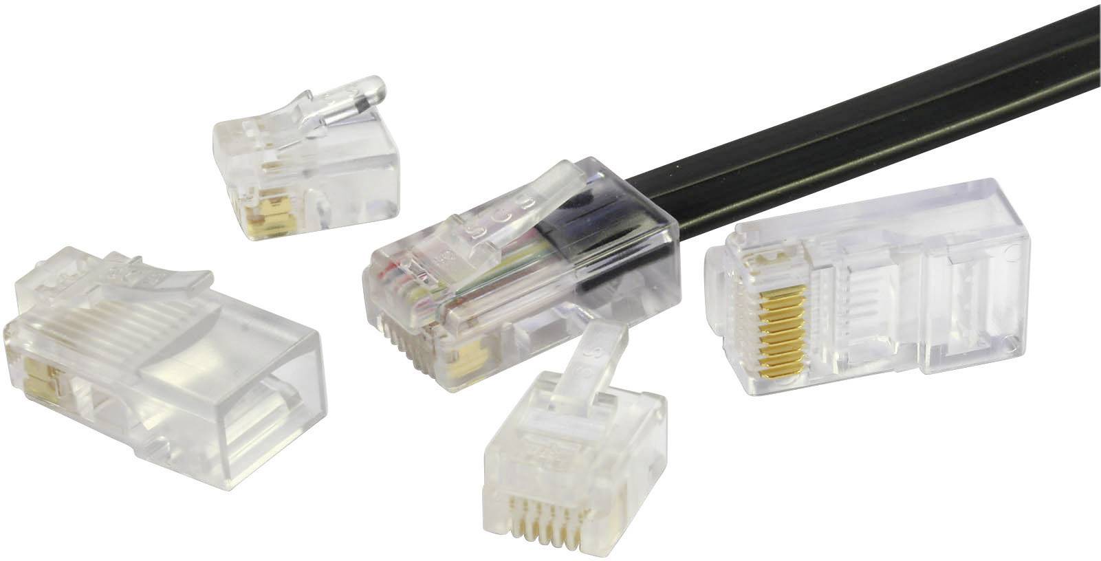 Five transparent RJ45 plugs and a network cable. Primarily used for Ethernet connections in computer networks.