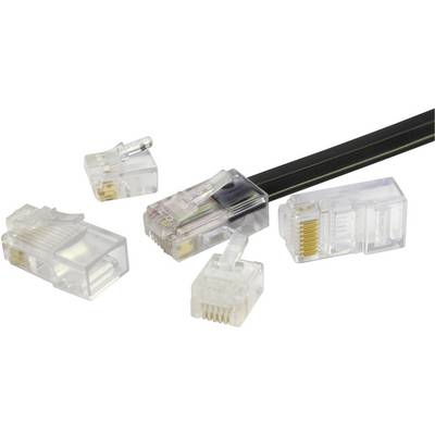 Five transparent RJ45 plugs and a network cable. Primarily used for Ethernet connections in computer networks.
