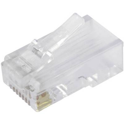 A transparent RJ-45 network plug, typically used for Ethernet cables.
