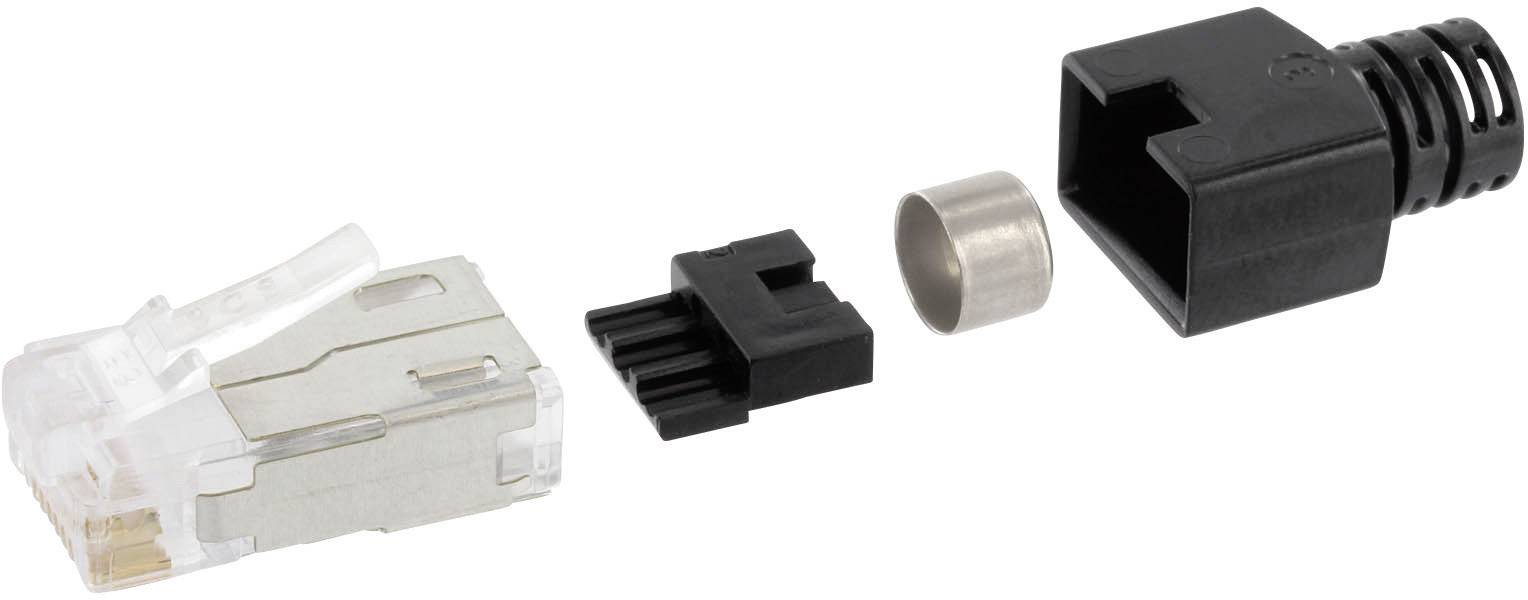'RJ45 plug with black and silver components, including connector, insulation and cable protection, shown in a disassembled state.'