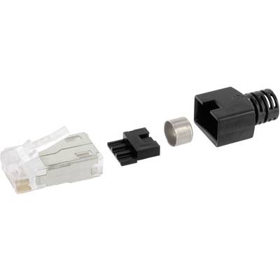 'RJ45 plug with black and silver components, including connector, insulation and cable protection, shown in a disassembled state.'