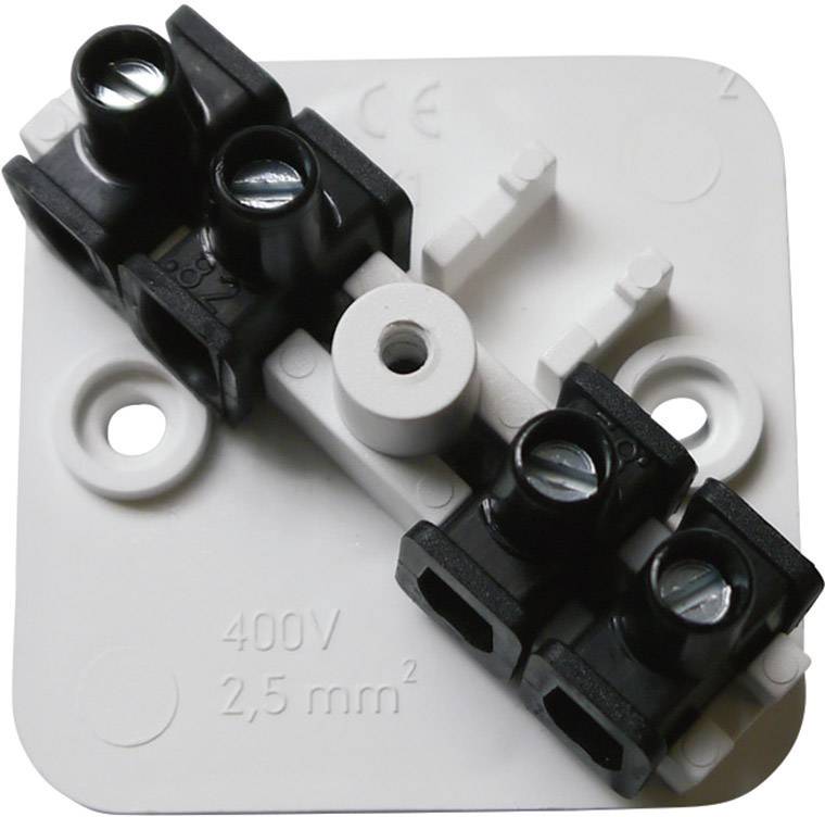 'Electrical terminal block marked 400V, 2.5 mm²' on a white plastic plate. Suitable for electrical installations.
