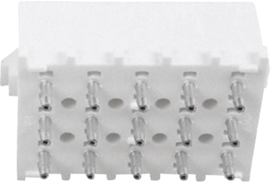 A white, rectangular electrical connector with 16 metal pins arranged in two rows, suitable for electronic connections.