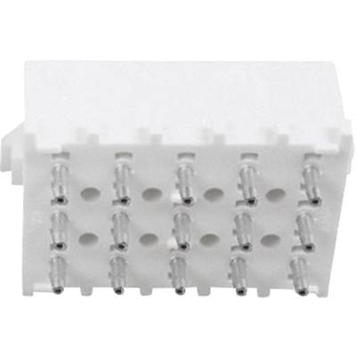 A white, rectangular electrical connector with 16 metal pins arranged in two rows, suitable for electronic connections.