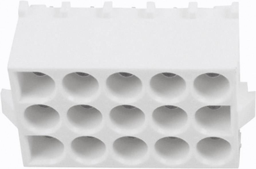 White rectangular plastic component with eight vertical holes arranged in two rows. Used for technical or electrical connections.