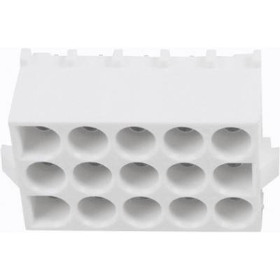 White rectangular plastic component with eight vertical holes arranged in two rows. Used for technical or electrical connections.