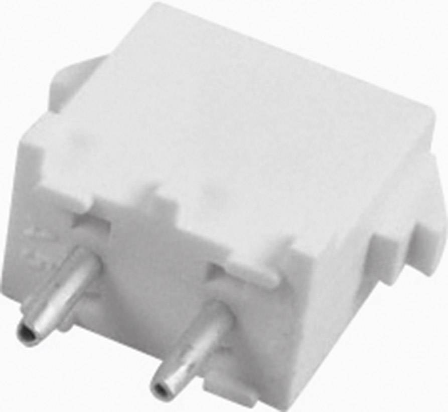 A white, rectangular electronic connector with two metal pins for printed circuit board mounting, shown from the side.