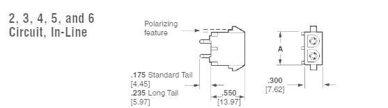 Technical drawing of an electrical plug with dimensions in inches and millimetres for 2 to 6 circuits, showing standard and extended plugs.