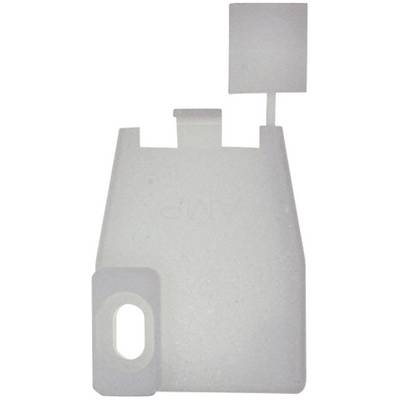 Transparent plastic container with a rectangular lid and an oval opening on the side.