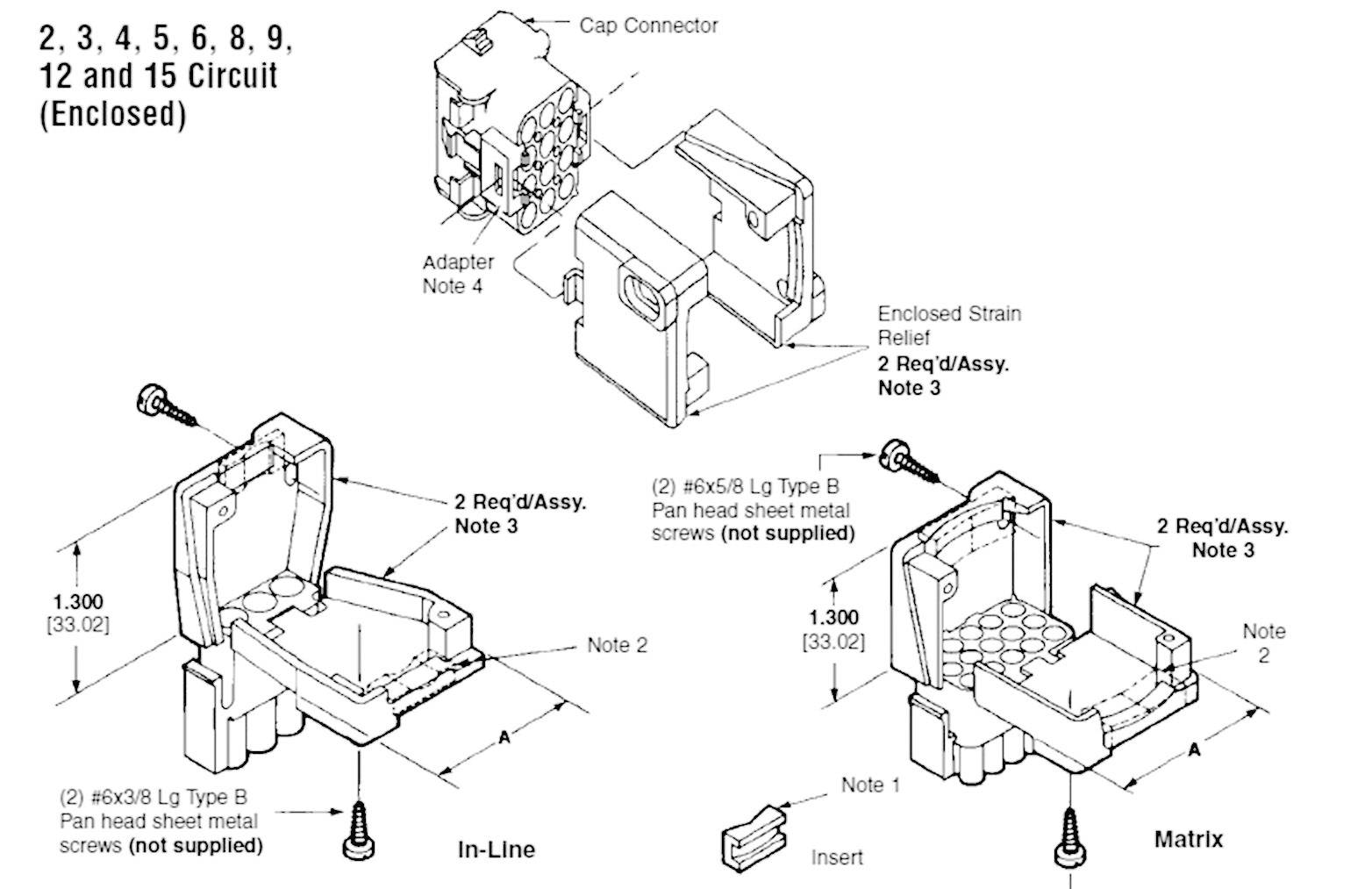 Diagram shows the assembly of an electrical connector with screws. Detailed views of housing, adapter, and matrix.