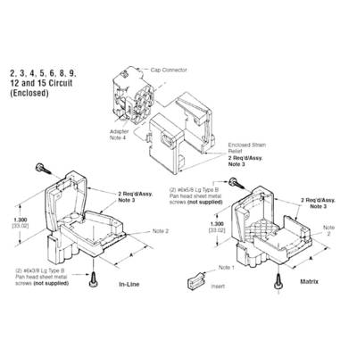 Diagram shows the assembly of an electrical connector with screws. Detailed views of housing, adapter, and matrix.