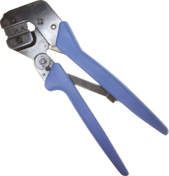 Hand crimping pliers with blue handles for crimping connectors, visibly closed in resting mode.