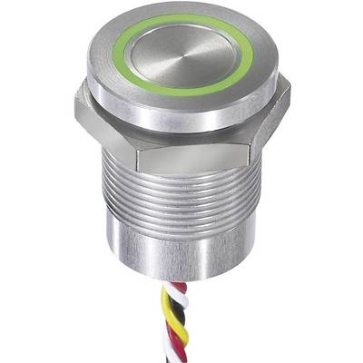 A round metal button with a green LED ring and three coloured wires: red, black, and yellow-white. Suitable for electronic devices.