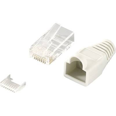 An Ethernet plug set comprising RJ45 connectors, cable sheath, and insulating piece on a white background.