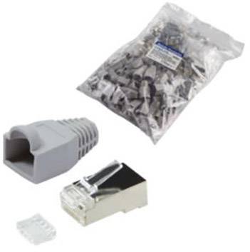 A bag containing numerous network cable connectors, alongside individual components such as a grey connector cover and a metallic RJ45 plug.