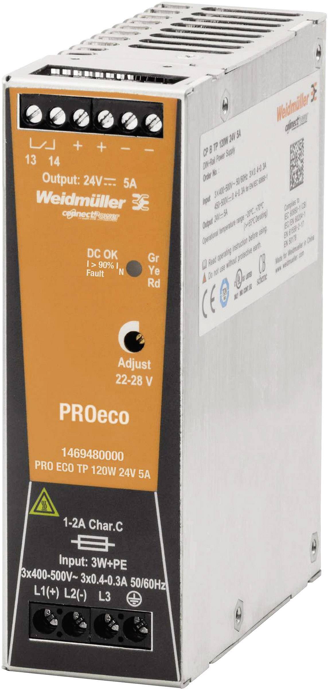 Weidmueller PRO ECO 120W 24V 5A Rail mounted PSU (DIN) 24 V DC 5 A 120 W No. of outputs:1 x Content 1 pc(s)