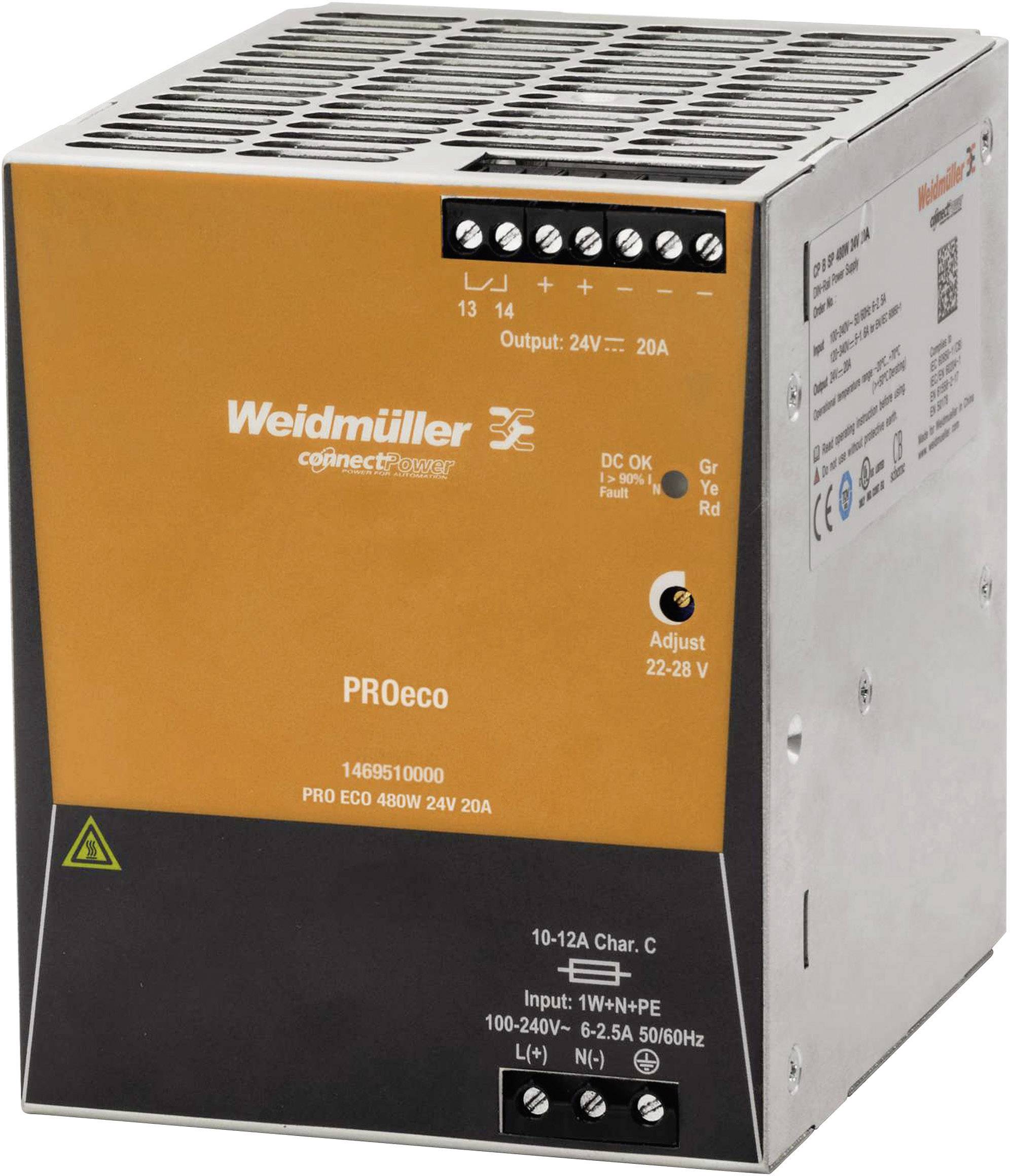 Weidmueller PRO ECO 480W 24V 20A Rail mounted PSU (DIN) 24 V DC 20 A 480 W 1 x