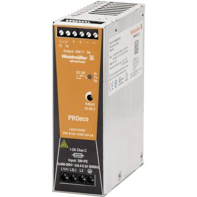 Power Supply 'Weidmüller PROeco', Model 1469530000, Input: 3x400-500V, Output: 24V 5A, LED Status Indicators, Compact Design.