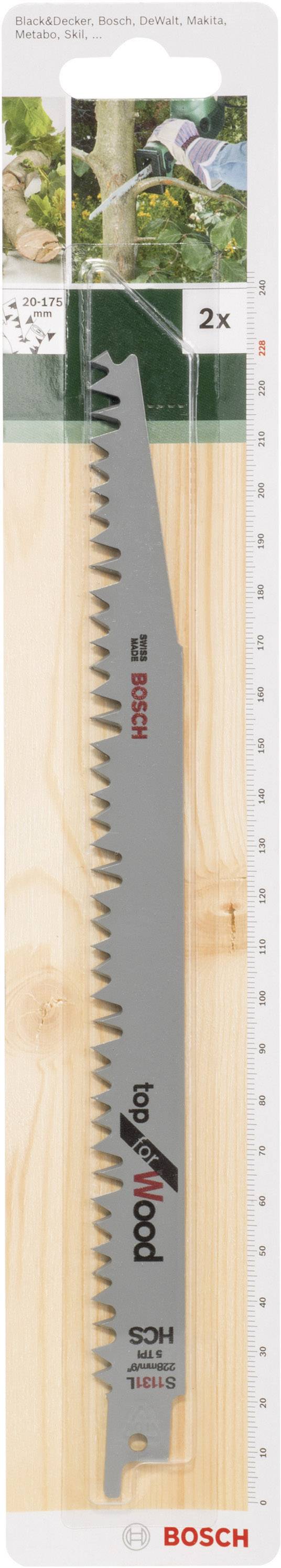 Bosch reciprocating saw blade in packaging, suitable for wood cutting tasks. Contains two blades, highlighted by the inscription 'Top for Wood'.