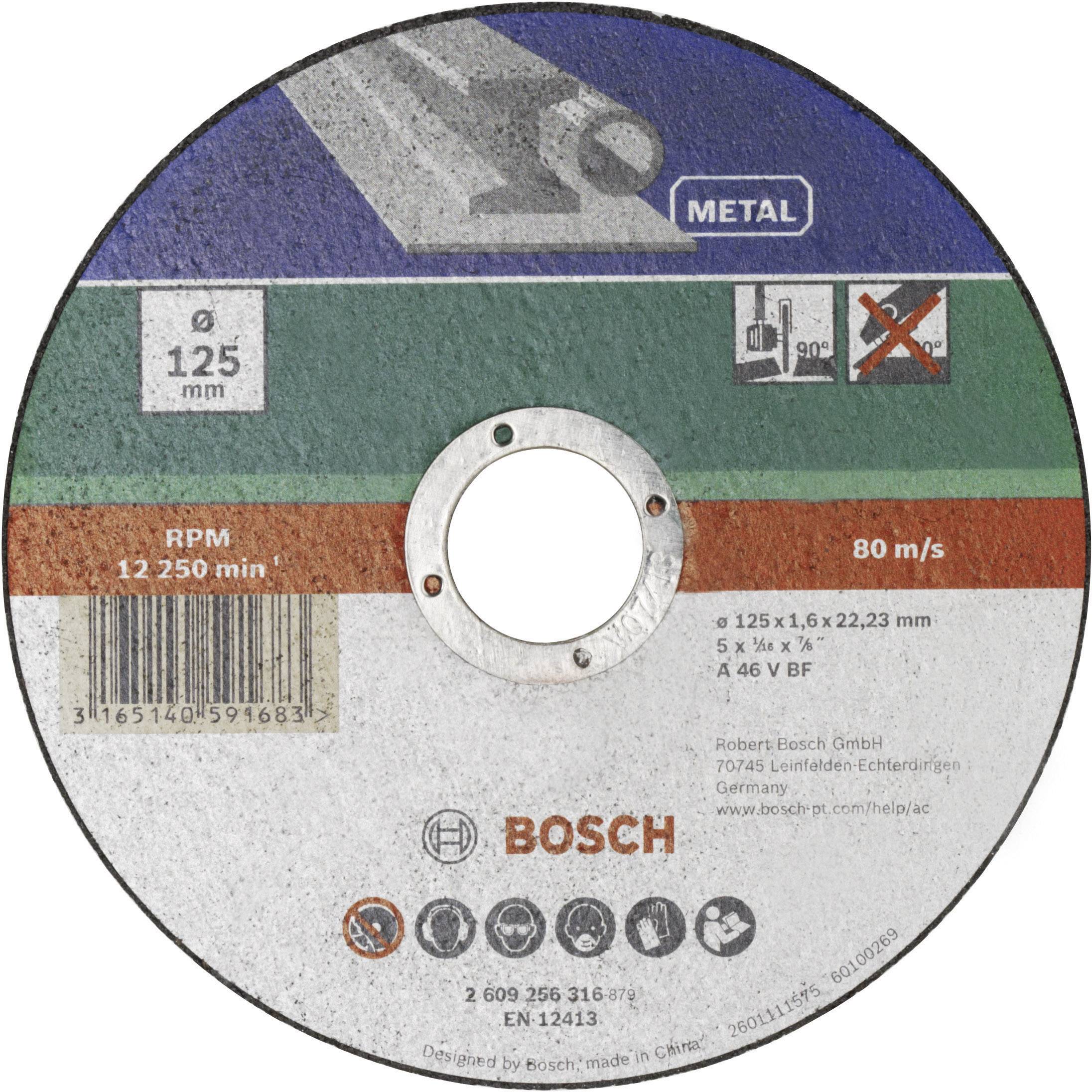 Bosch grinding disc for metal, 125 mm diameter, maximum 80 m/s, suitable for angle grinders, do not use for longitudinal grinding.