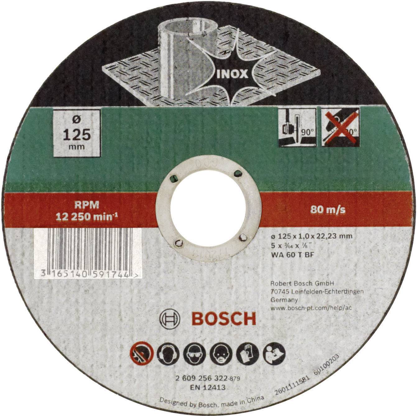 This grinding disc has a diameter of 125 mm, a thickness of 1.0 mm and is suitable for 12,250 RPM, with a limit of 80 m/s.
