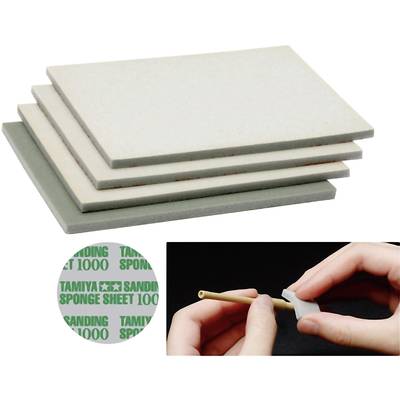 Four sanding sponges in a stack. Bottom right, hands wrapping a sponge around a pipe. Left close-up of 'Tamiya Sanding Sponge 1000'.