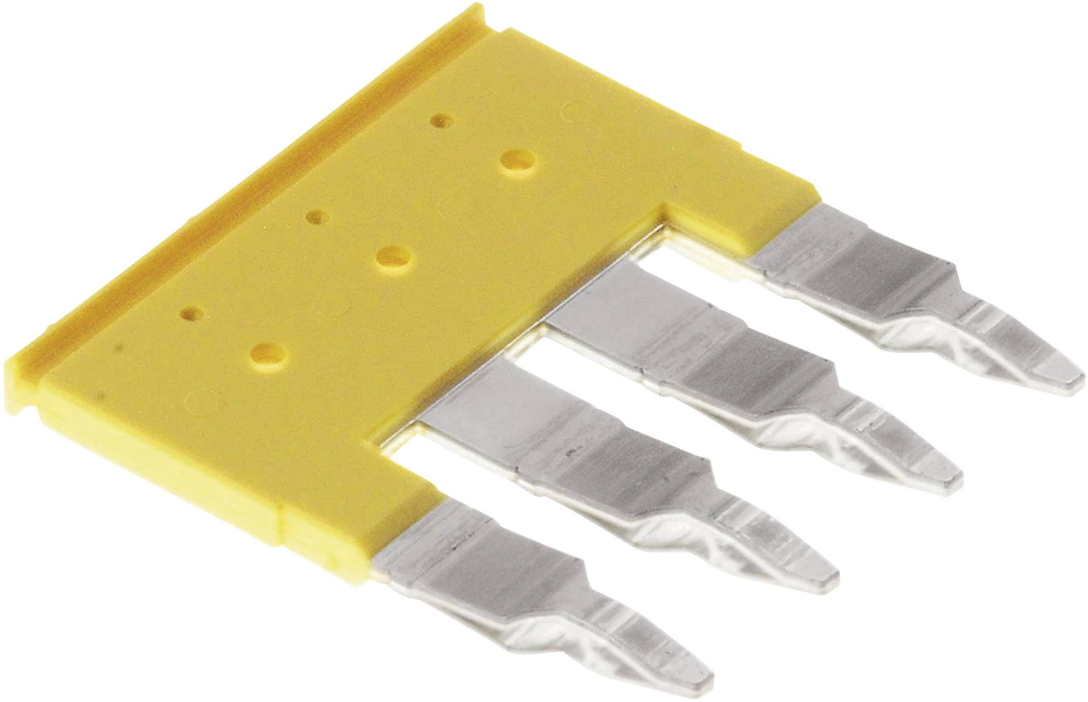 Yellow, flat plastic piece with four silver prongs. Used for electrical connection in technical applications.
