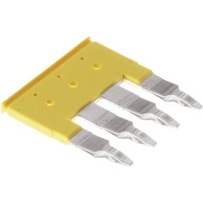 Yellow, flat plastic piece with four silver prongs. Used for electrical connection in technical applications.