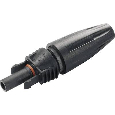 Black MC4 connector, commonly used in solar installations, for secure connection of solar modules. Features a ribbed grip design.