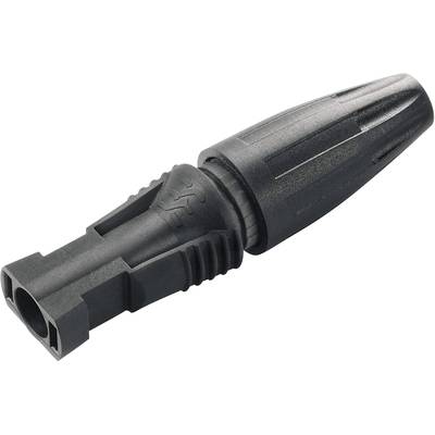Black MC4 connector type, used in photovoltaic systems for connecting solar panels, with a robust, weatherproof design.